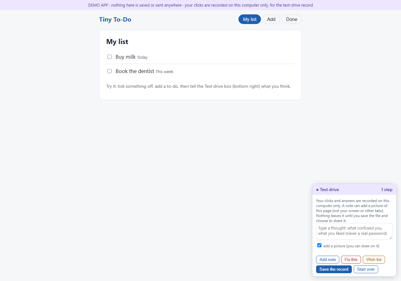 A tiny to-do app with the recorder panel open in the bottom-right corner: a note box, Add note, Fix this, Wish list, Save the record and Start over buttons.